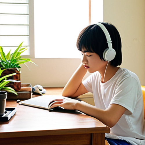 **

A brightly lit, tidy study space in a Vietnamese home. Sunlight streams through a window onto a desk with a green plant and minimal distractions. A young person is focused on their studies, with noise-canceling headphones resting around their neck, implying quiet concentration. The overall feeling should be calm and conducive to learning.

**
