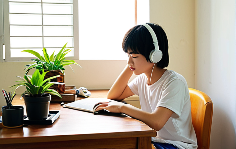 **
A brightly lit, tidy study space in a Vietnamese home. Sunlight streams through a window onto a desk with a green plant and minimal distractions. A young person is focused on their studies, with noise-canceling headphones resting around their neck, implying quiet concentration. The overall feeling should be calm and conducive to learning.
**